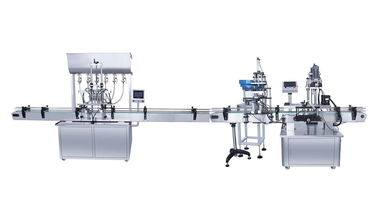 六头自流式灌装机+自动落盖+自动搓盖机