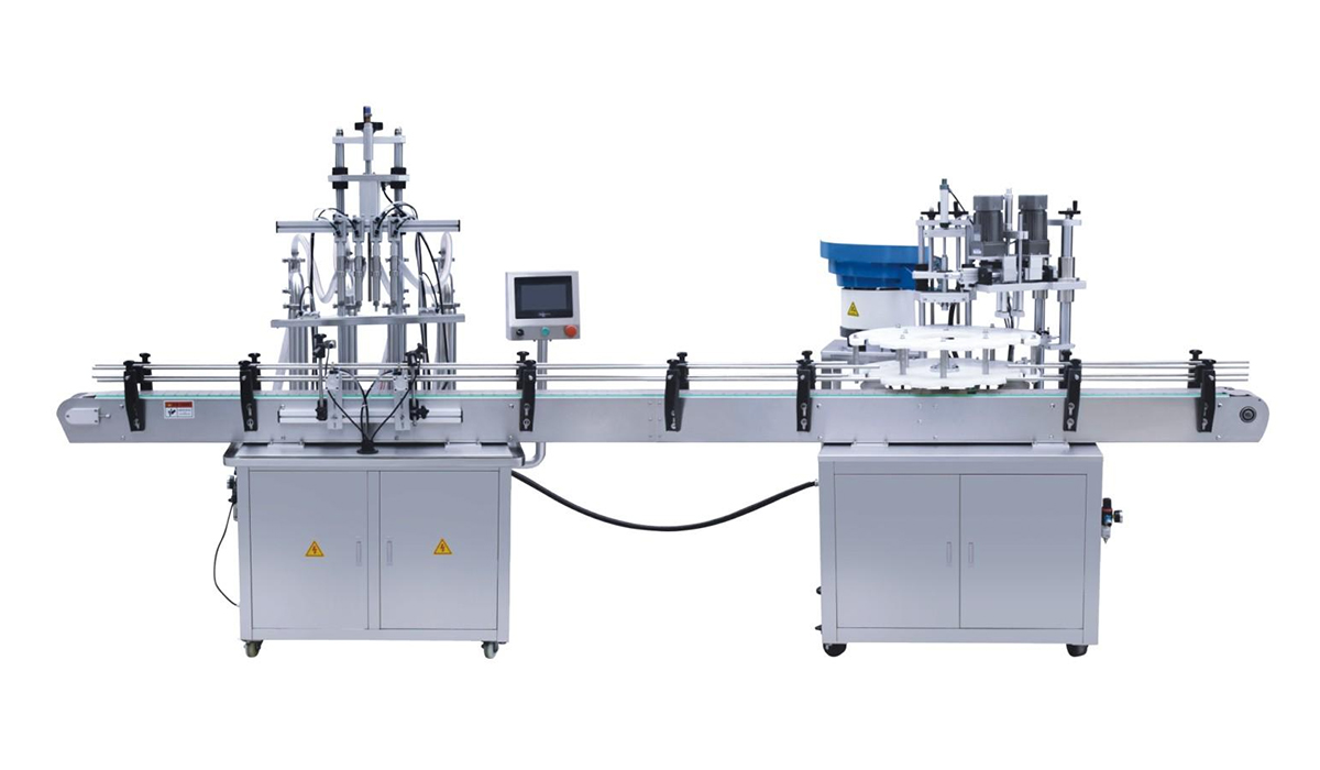 四头液体灌装机+转盘式落盖搓盖机